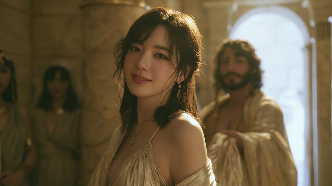 A beautiful woman with long brown hair and a light-colored dress smiles softly in an indoor setting, with other people blurred in the background.