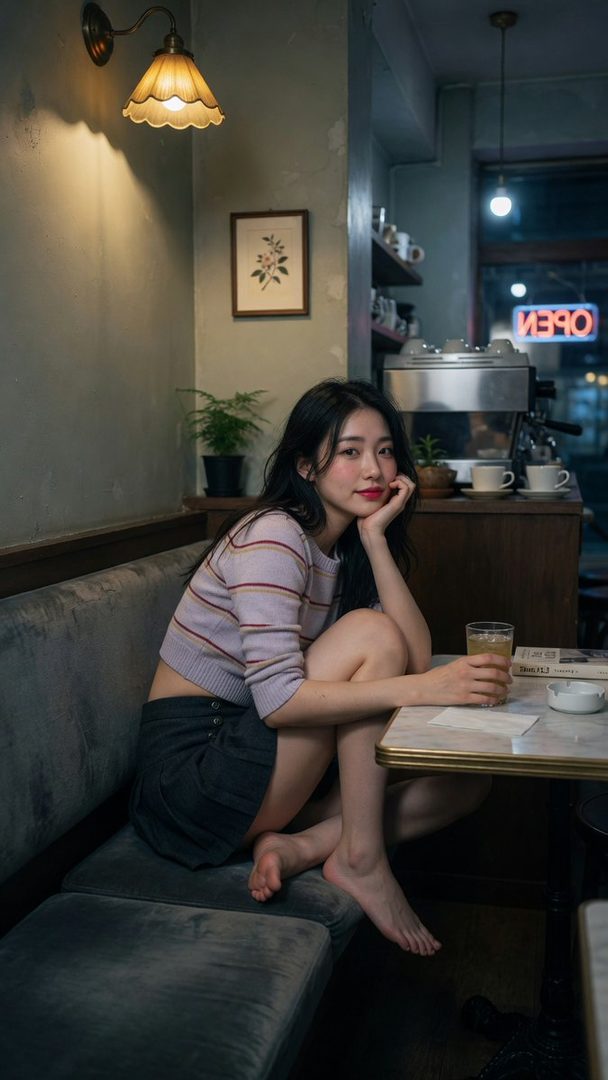 A young woman with long black hair and a striped crop top sits barefoot on a bench in a dimly lit cafe, holding a drink.
