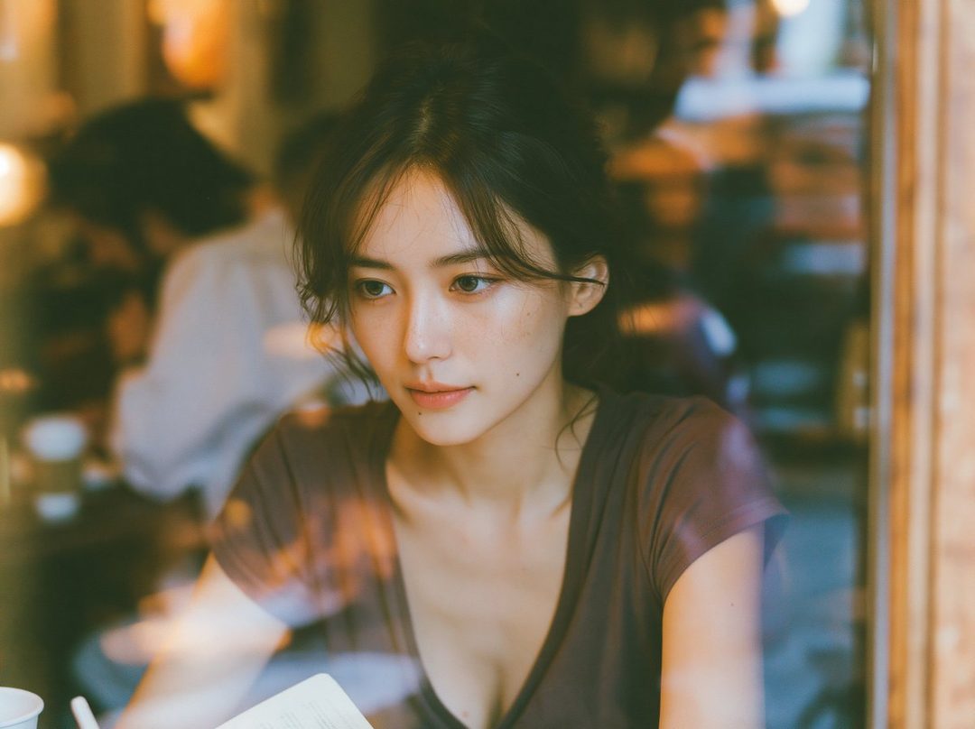 A serene East Asian woman with long brown hair and a casual top is seen through a cafe window, reading a book.