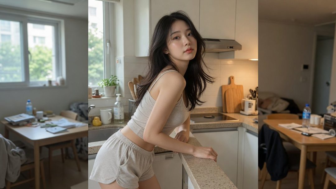 A young woman with long black hair in a casual top and shorts poses in a kitchen.