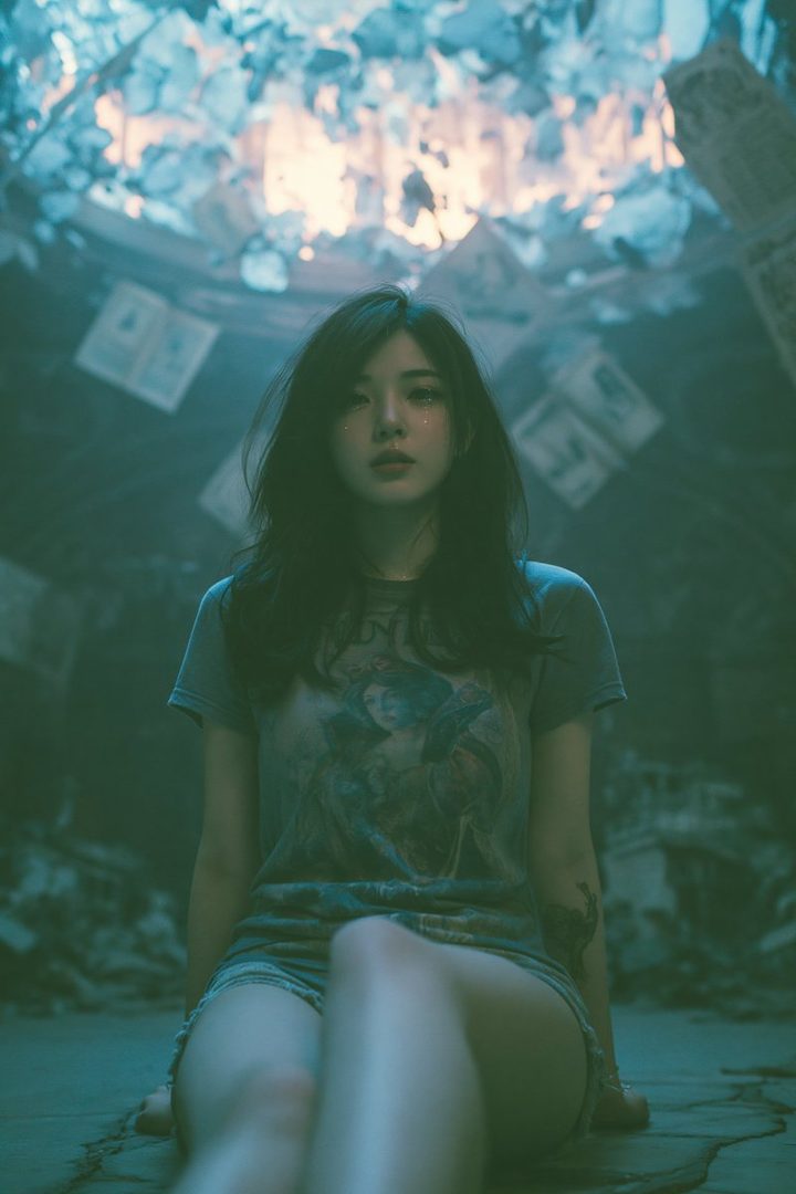 A young woman with long black hair and a casual t-shirt sits in a dimly lit, fantastical setting with glowing elements above.