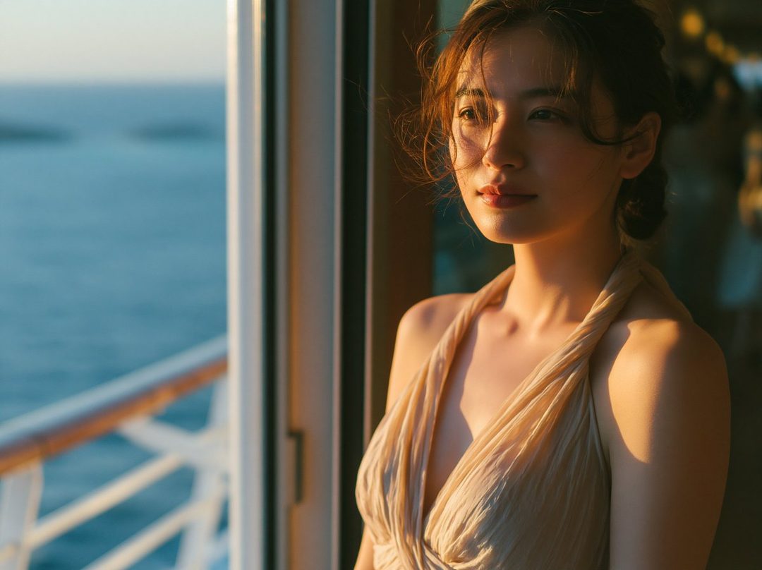 A beautiful East Asian woman in a beige dress looks out at the sea during golden hour.