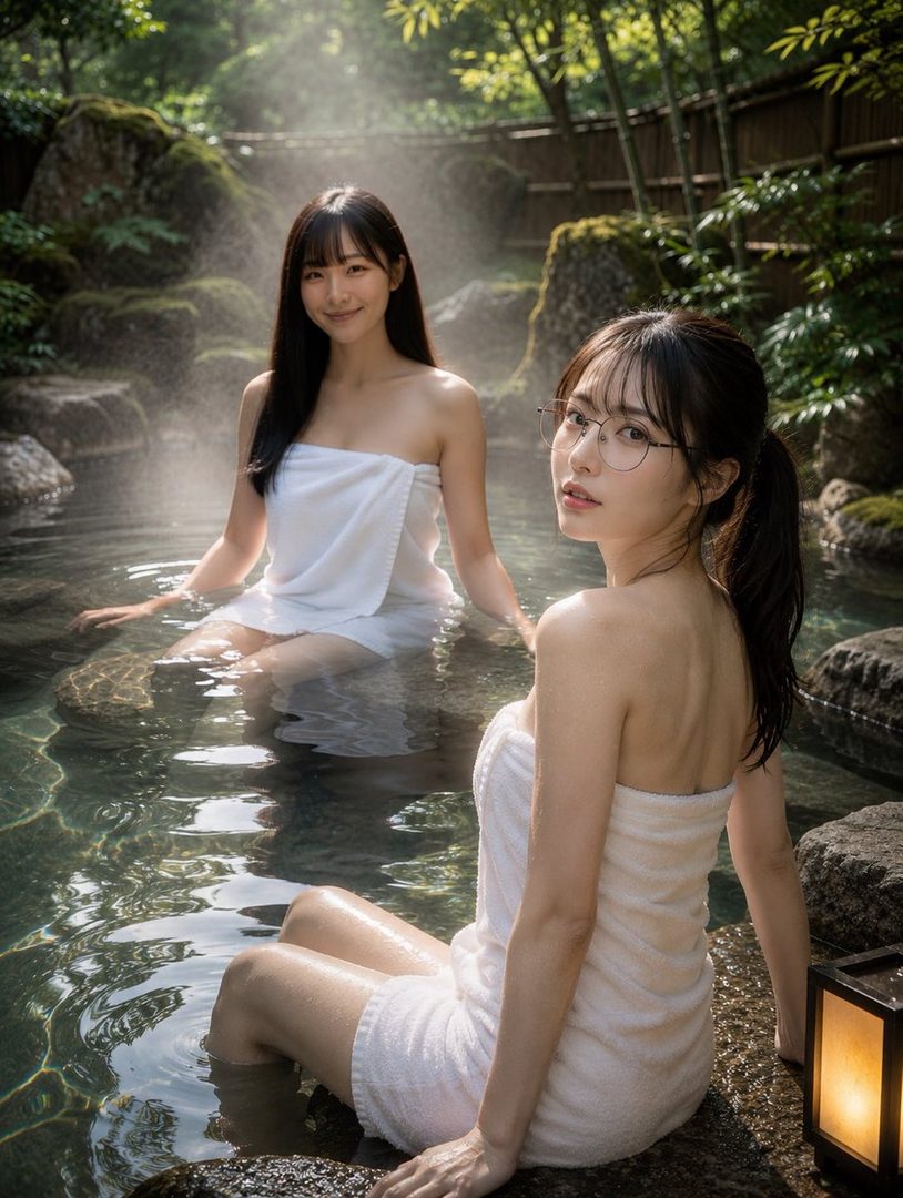 Two young women in white towels are relaxing in an outdoor hot spring surrounded by lush greenery and rocks.