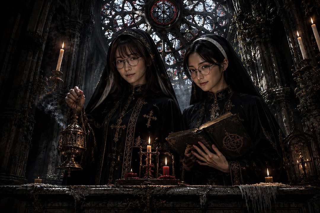 Two women in dark, ornate robes and glasses hold an censer and a book in a dimly lit gothic church.