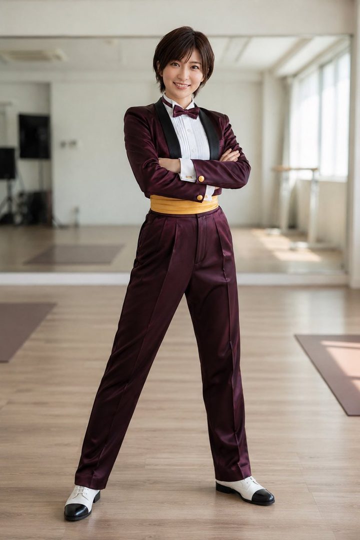 A woman in a burgundy suit with a yellow cummerbund and a bow tie, posing in an indoor setting.