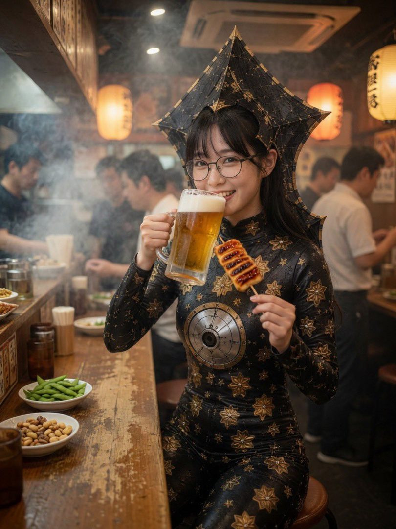 A woman in a unique black and gold patterned outfit and hat, wearing glasses, smiles while holding a beer mug and a skewer in a bustling Japanese izakaya.