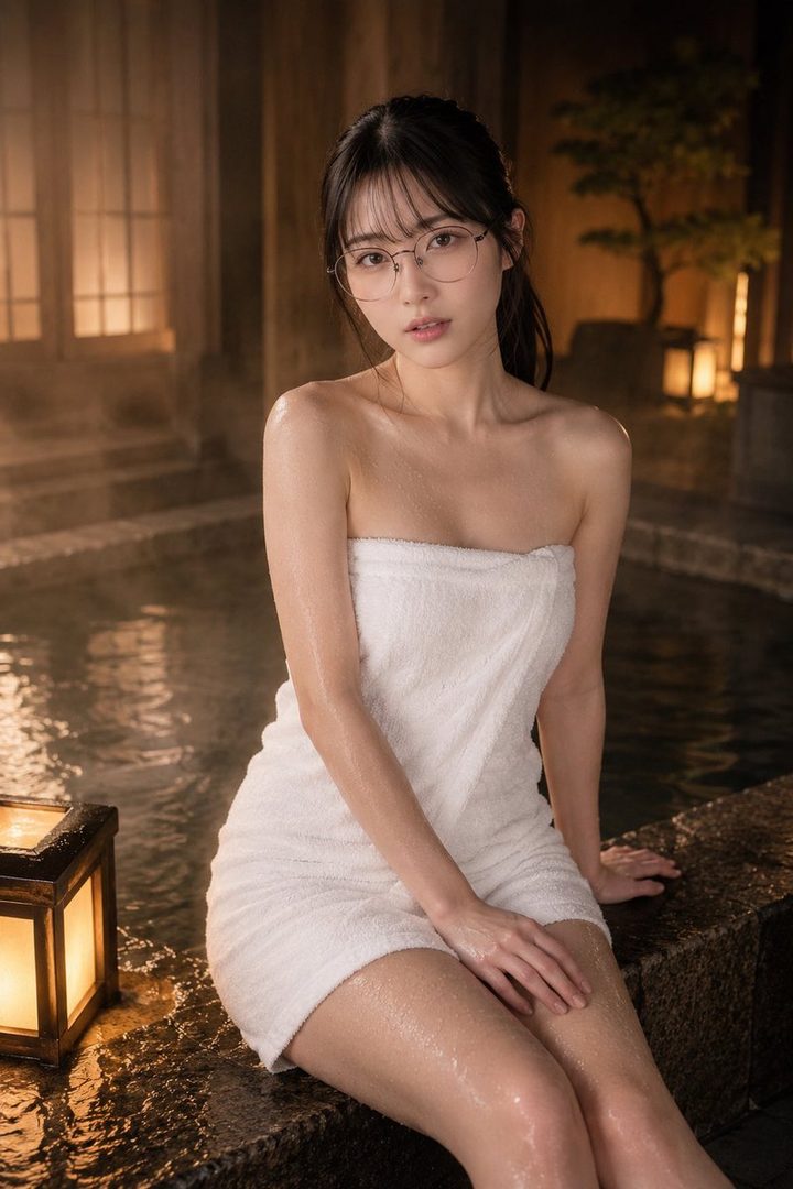 A young woman wearing glasses and wrapped in a white towel sits by a steamy indoor hot spring.