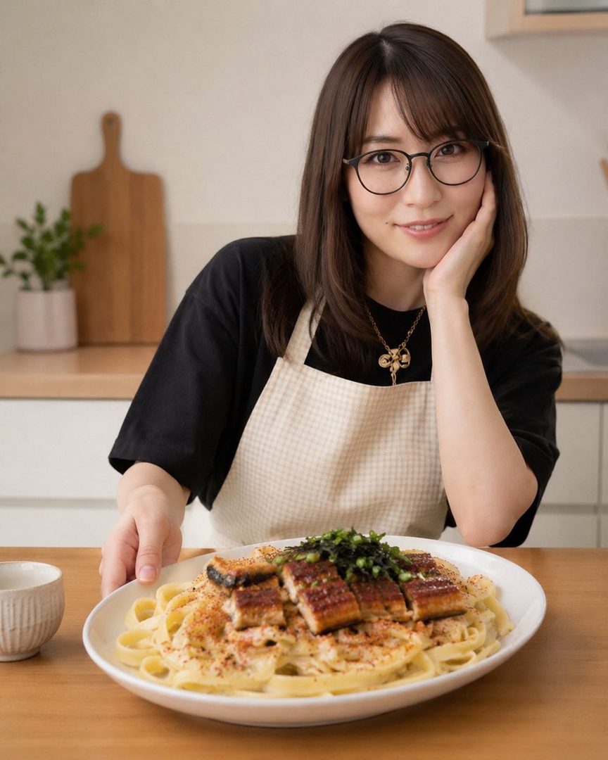 A Japanese woman wearing glasses and an apron smiles while presenting a plate of pasta with grilled eel.