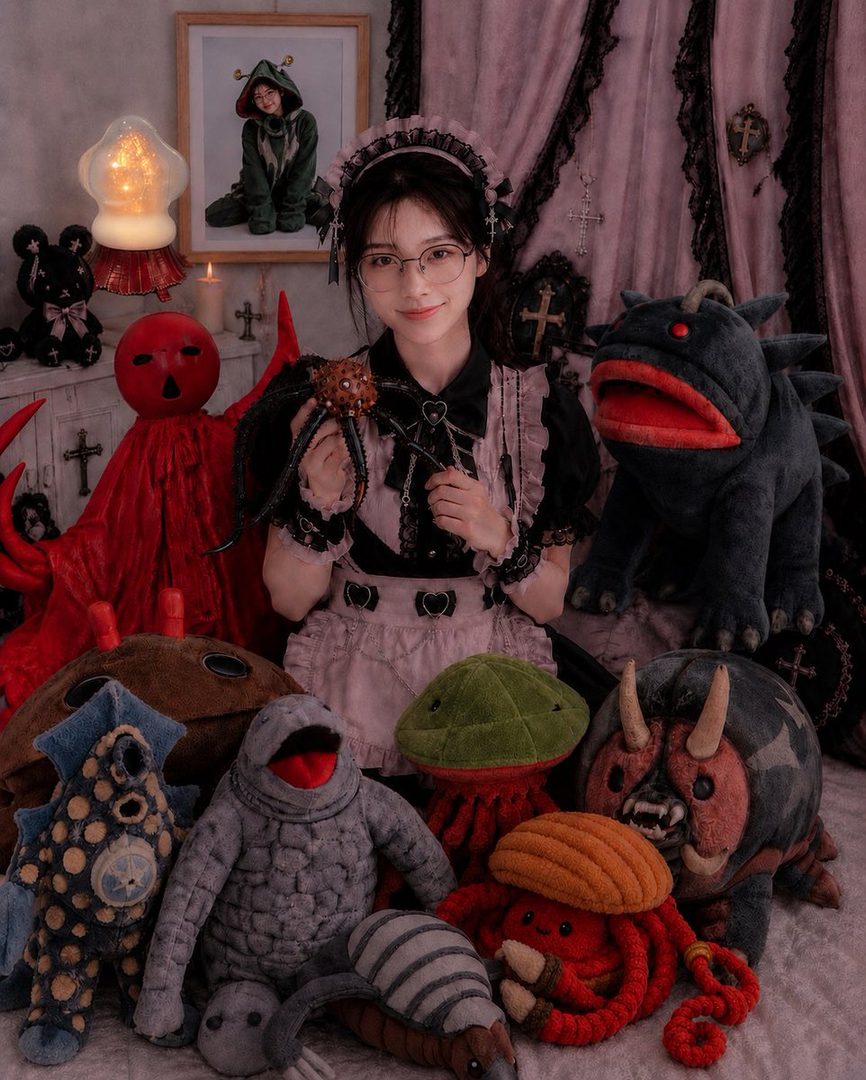 A young woman in a maid outfit and glasses smiles while holding a toy spider, surrounded by various monster plushies in a dimly lit room.