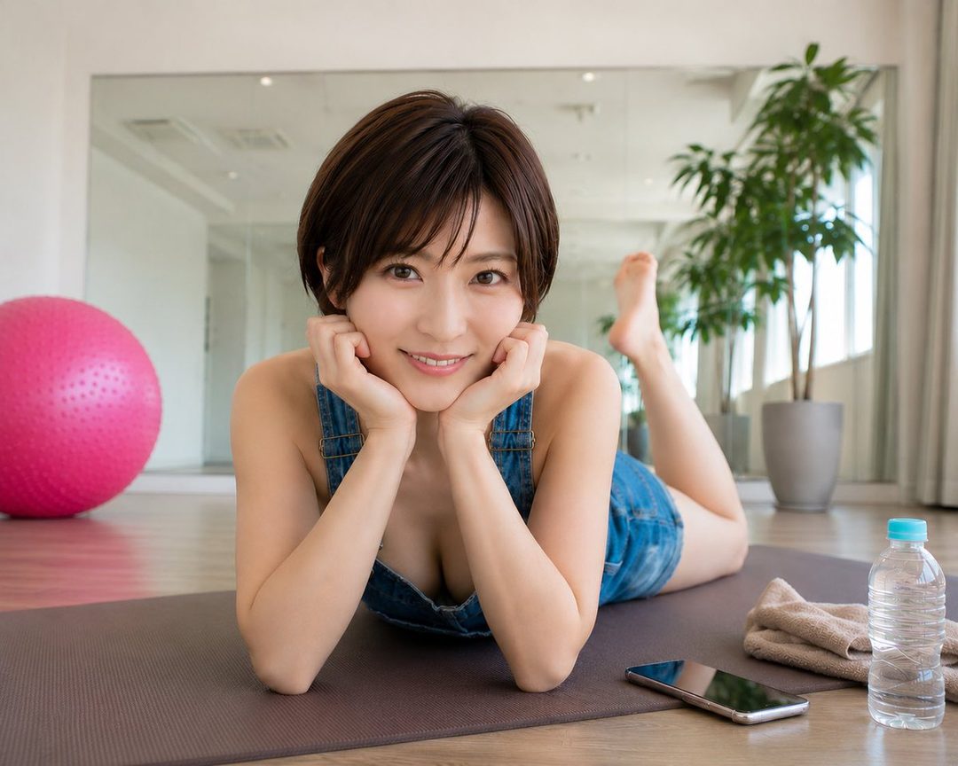 A smiling woman with short brown hair lies on a yoga mat in a studio, wearing denim overalls.