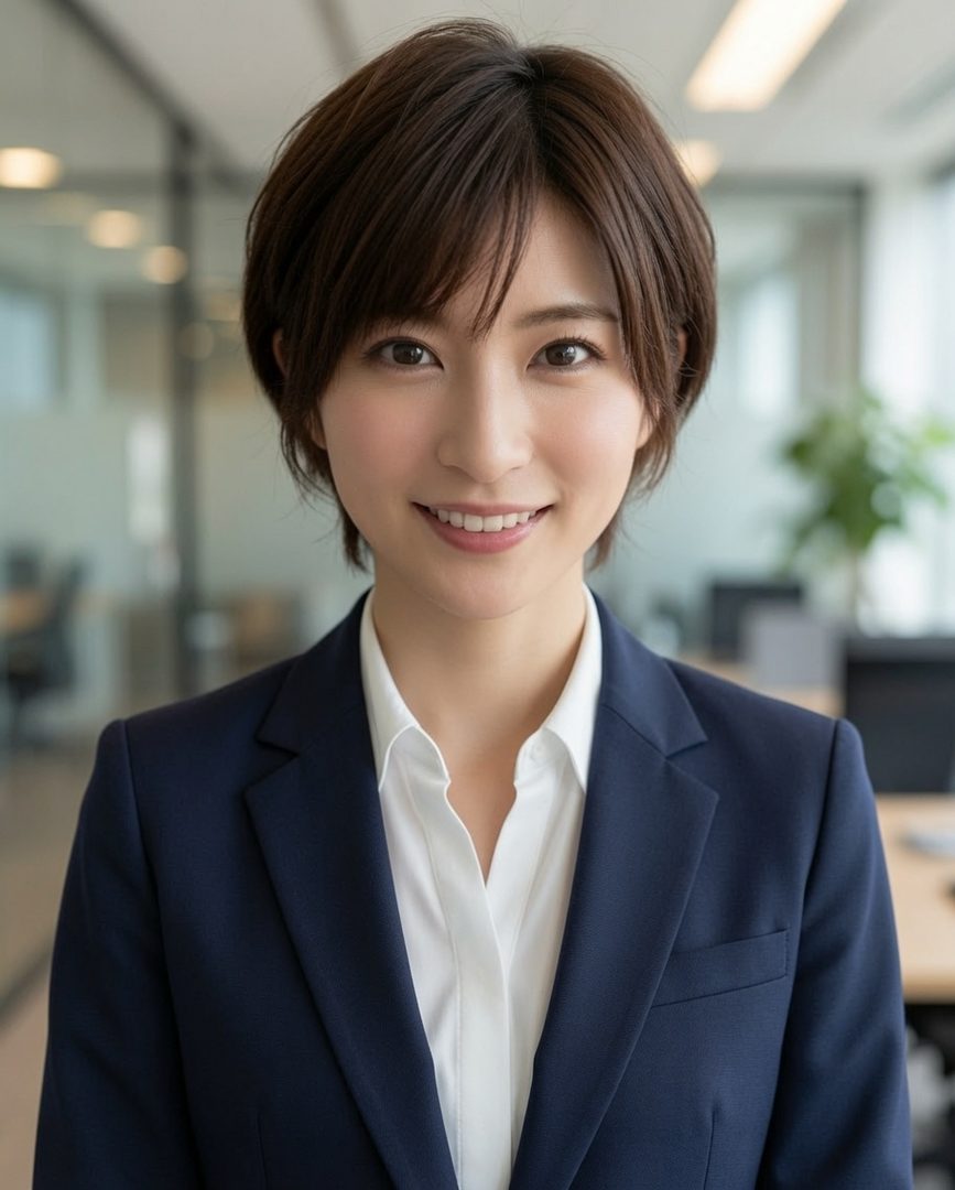 A professional-looking East Asian woman with short brown hair smiles in an office setting, wearing a navy suit jacket and white shirt.
