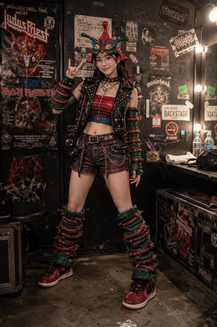 A woman in a punk rock-inspired cosplay outfit with a unique red and green spiked headpiece, standing in a backstage area with band posters.