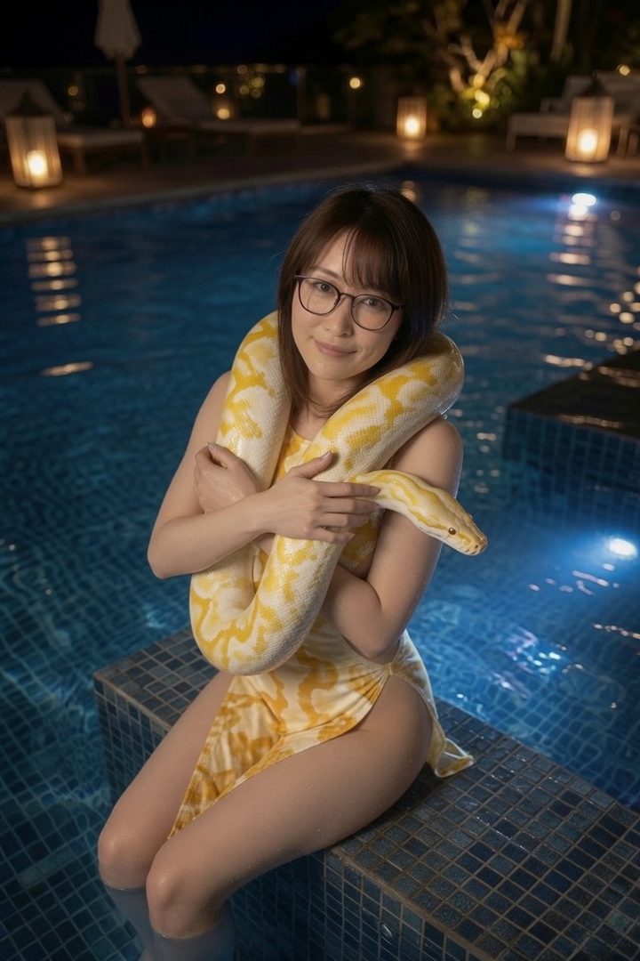 A woman in a yellow patterned swimsuit holds a large albino python while sitting by a swimming pool at night.
