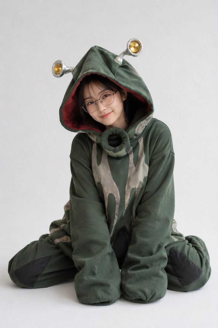 A young woman in glasses wearing a green monster-like hooded jumpsuit with antennae, sitting on a white background.
