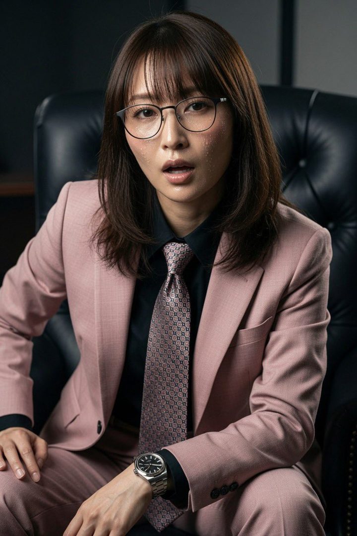 A woman in a pink suit and black shirt with a patterned tie and glasses, sitting in a black leather chair.