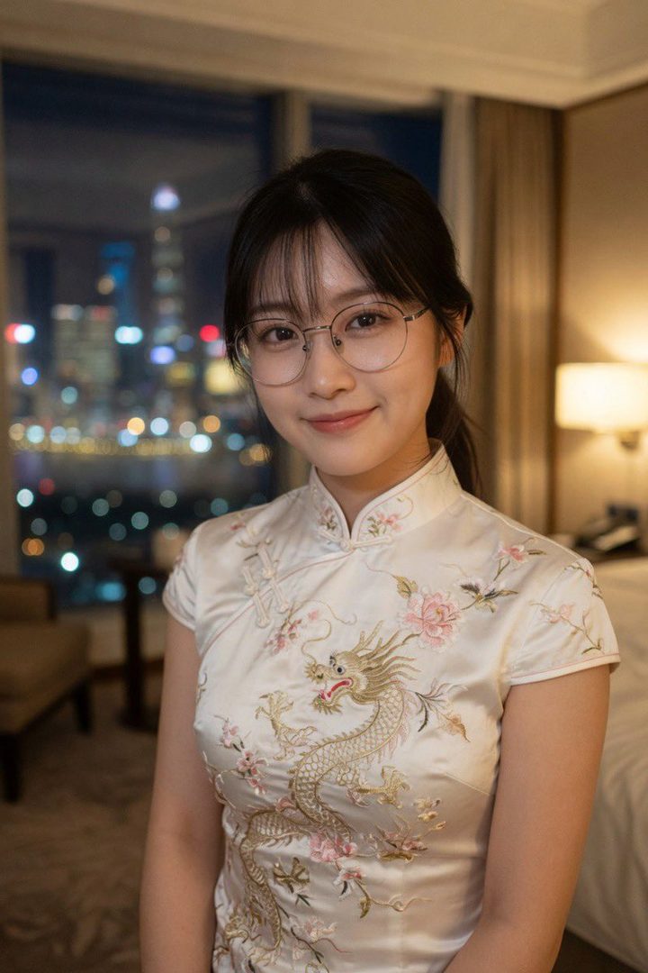 A young woman with black hair and glasses smiles while wearing a white cheongsam with a dragon embroidery, indoors at night with city lights in the background.