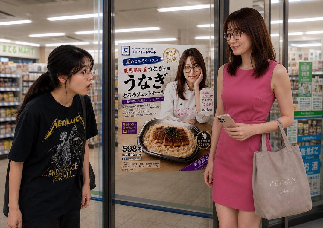Two Japanese women in a convenience store, one in a black Metallica t-shirt looking surprised at a poster, and another in a pink dress holding a phone and a tote bag.