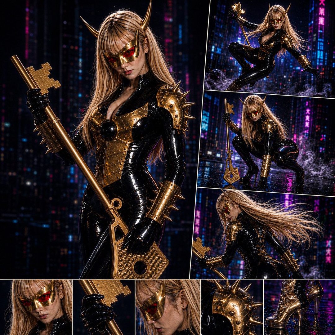 A woman in a black and gold spiked suit with a golden key staff poses against a blurred city night background.