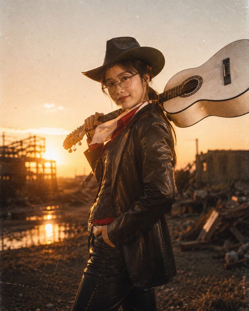 A young woman in a cowboy hat and leather jacket, carrying a guitar, stands in a desolate landscape at sunset.