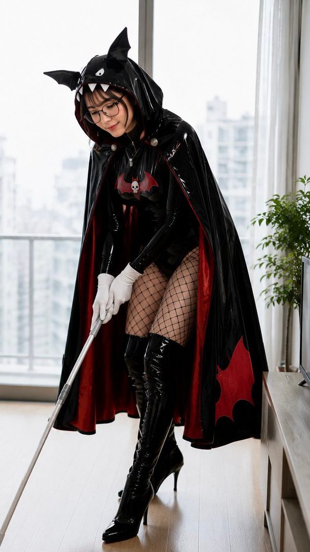 A woman in a shiny black bat-themed costume with a cape and fishnet stockings is cleaning the floor with a stick.