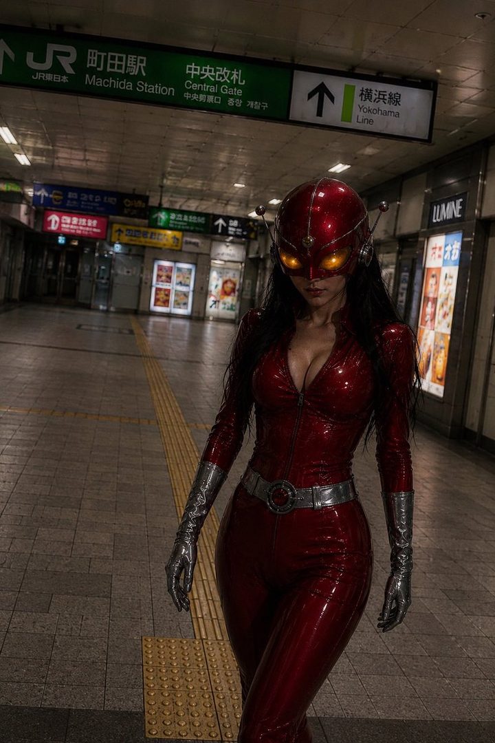 A woman in a red superhero suit and helmet with glowing eyes stands in a deserted Japanese train station at night.