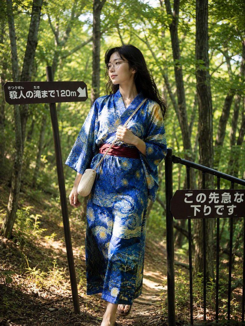 A woman in a blue yukata with a Starry Night pattern walks through a sun-dappled forest path.