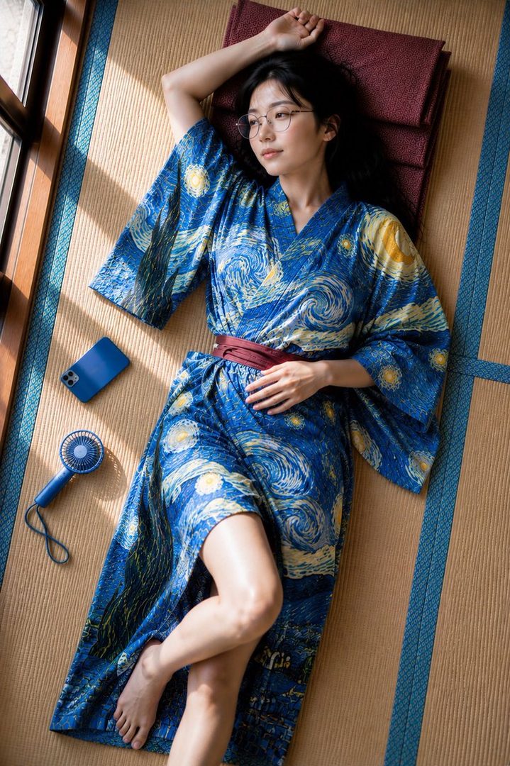A woman with black hair and glasses lies on a tatami mat, wearing a blue kimono with a Starry Night pattern.