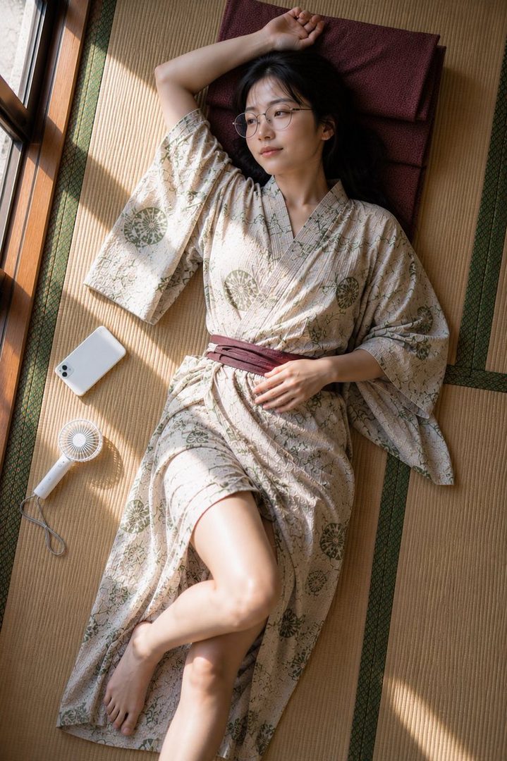 A young woman with black hair and glasses lies on a tatami mat in a kimono, bathed in sunlight.