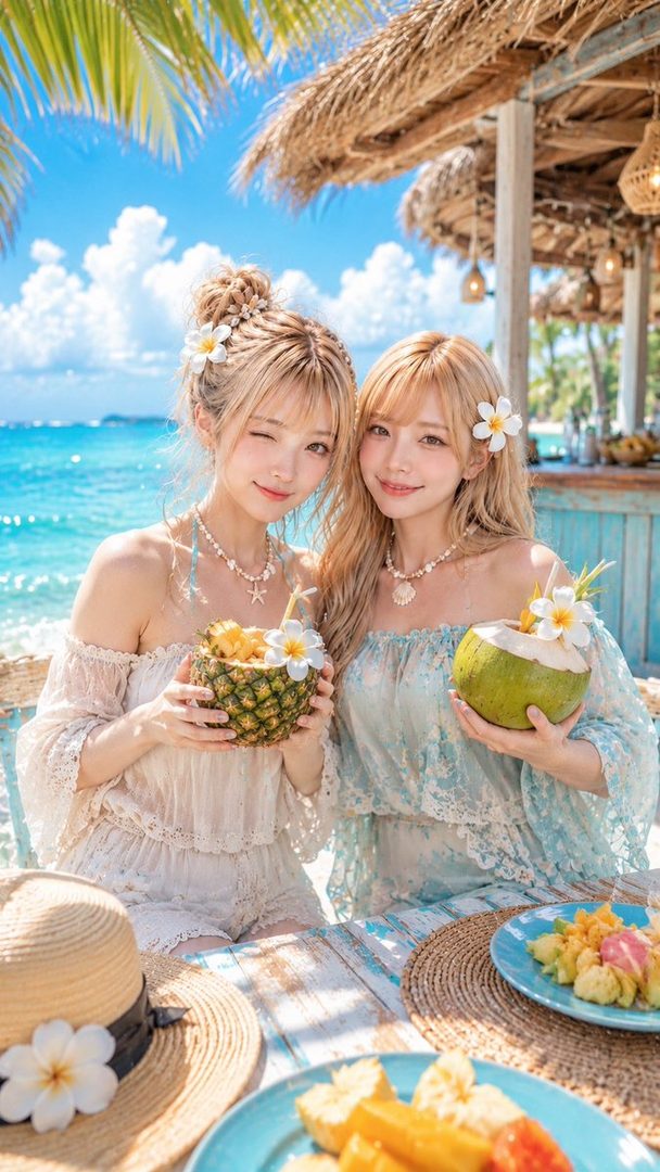 Two young women with blonde hair are sitting at a table on a tropical beach, holding drinks in a pineapple and a coconut.