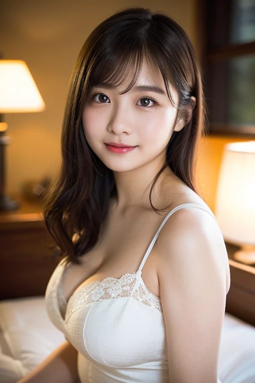 A beautiful East Asian woman with long brown hair and bangs, wearing a white lace top, poses indoors with soft lighting.