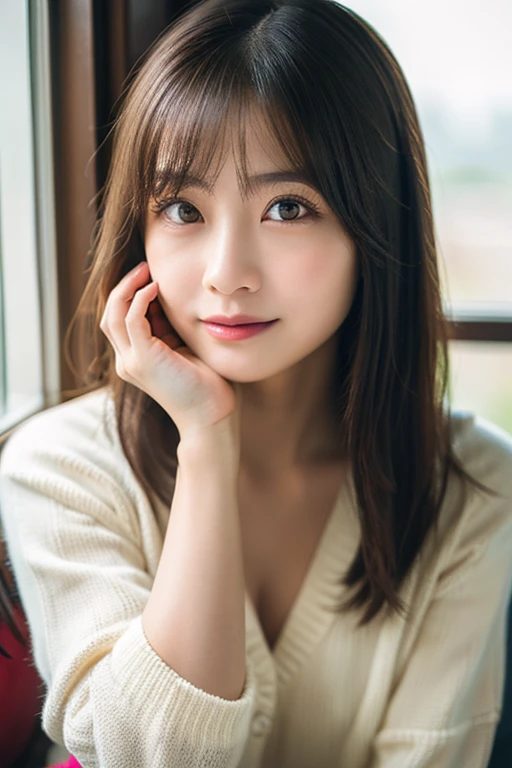 A beautiful East Asian woman with long brown hair and bangs, wearing a cream knit cardigan, poses with her hand on her chin.