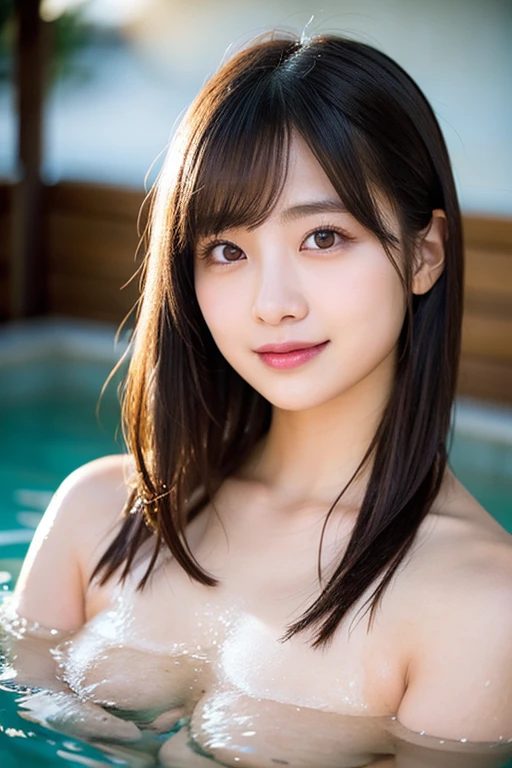 A beautiful East Asian woman with long brown hair and bangs is seen in a close-up portrait, relaxing in a pool of water.