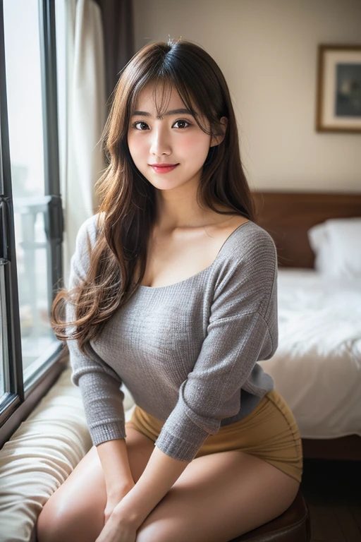 A beautiful East Asian woman with long brown hair is sitting by a window in a grey sweater and short shorts, looking at the camera.