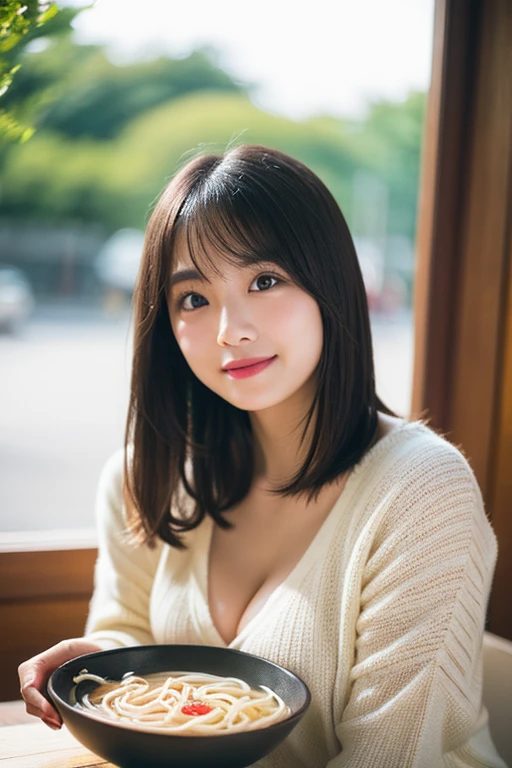 A cute East Asian woman with short brown hair and bangs, wearing a cream knit sweater, smiles while holding a bowl of udon noodles indoors.