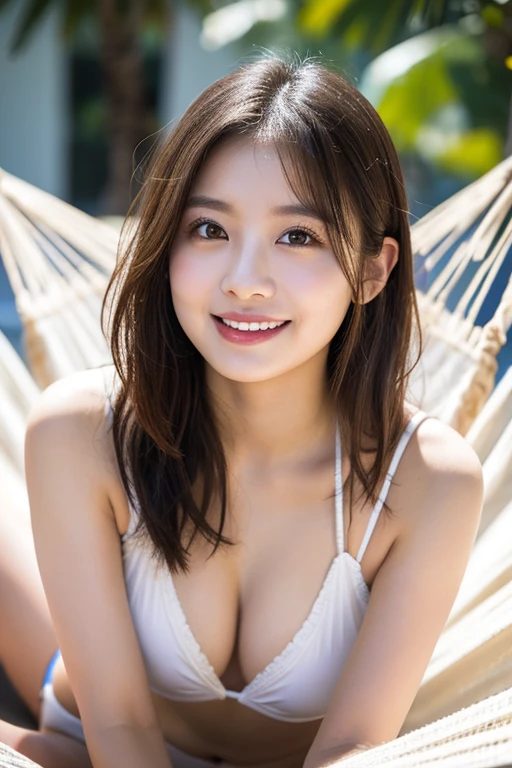 A beautiful East Asian woman with long brown hair smiles while wearing a white bikini and relaxing in a hammock outdoors.