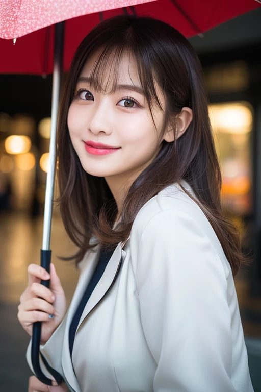 A beautiful East Asian woman with long brown hair and bangs smiles gently while holding a red umbrella.