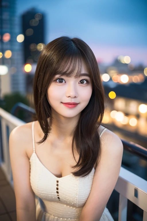 A beautiful East Asian woman with long brown hair and bangs, wearing a white dress, smiles gently on a balcony overlooking a city at night.