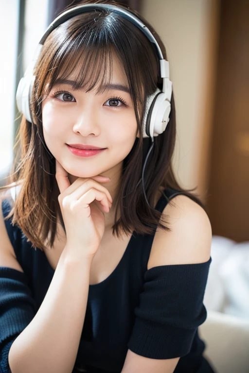 A young woman with brown hair and bangs wears white headphones and a black top, looking at the camera with a gentle smile.