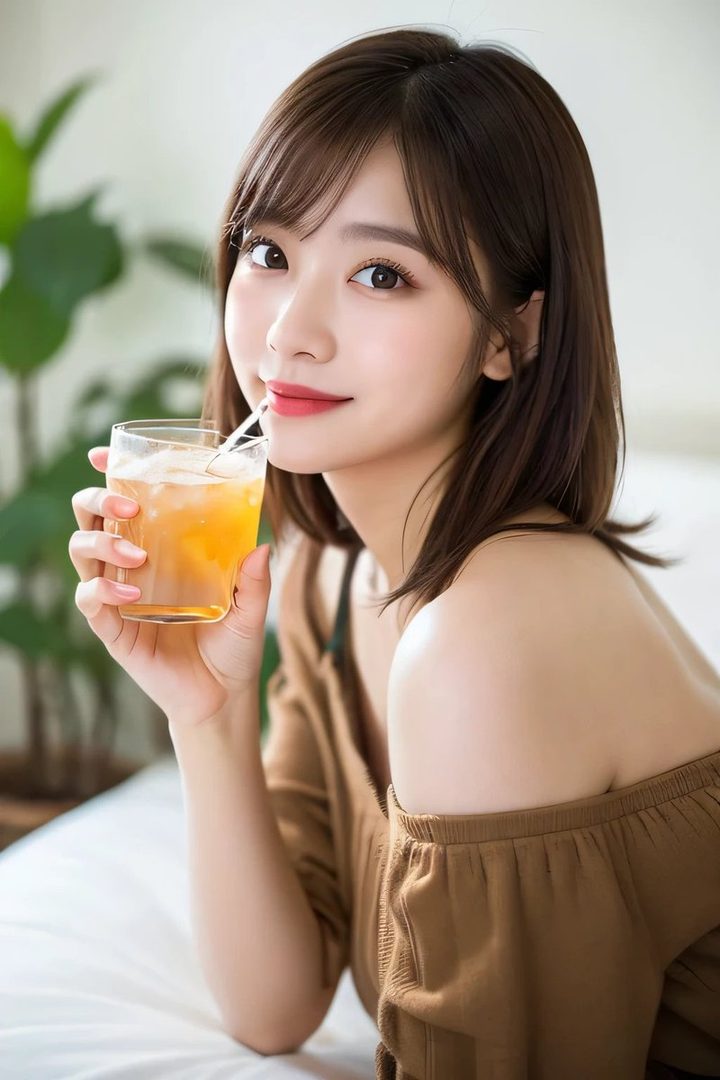 A beautiful East Asian woman with brown hair sips a cold drink indoors, looking serenely at the camera.