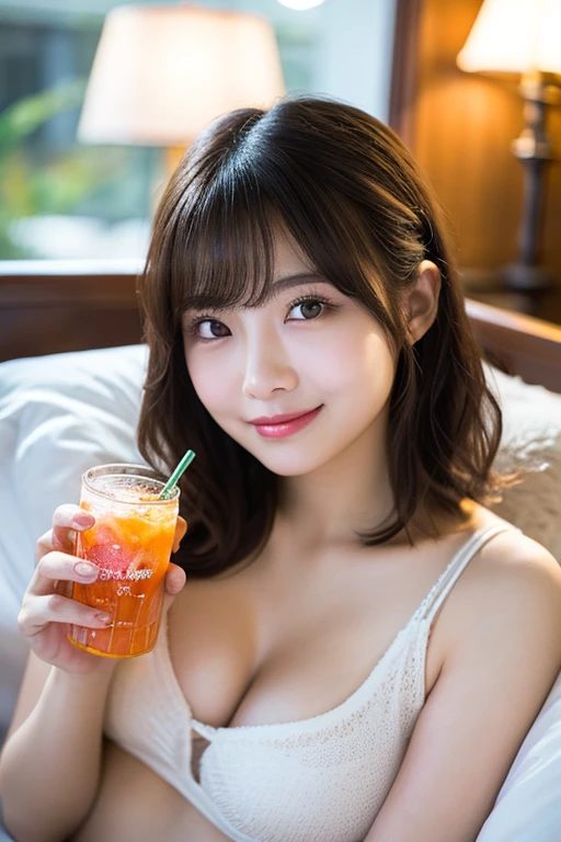 A beautiful East Asian woman with short brown hair and bangs, wearing a white top, holds a glass of orange drink and smiles at the camera in an indoor setting.