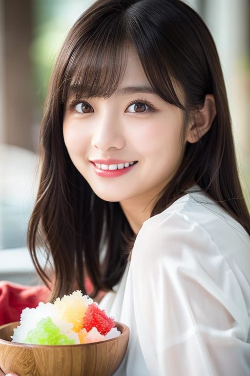 A smiling East Asian woman with long brown hair and bangs holds a bowl of colorful shaved ice.