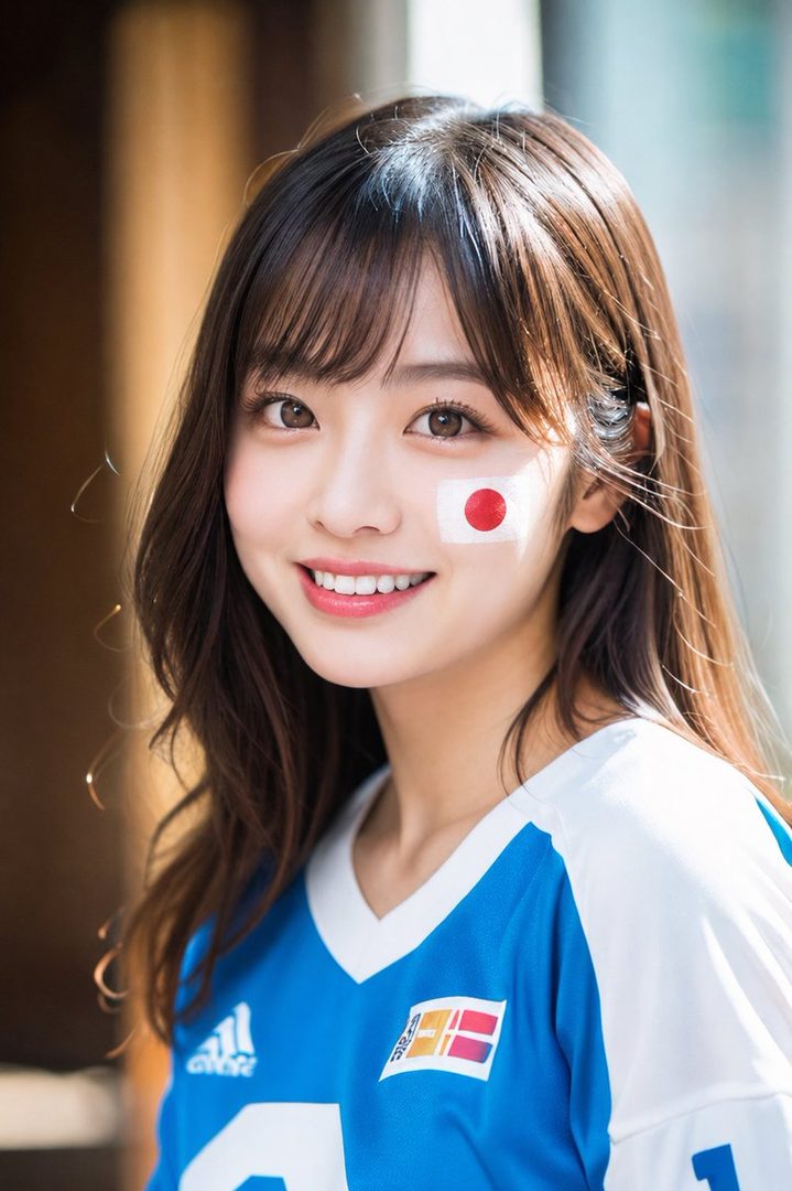 A smiling East Asian woman with long brown hair and bangs, wearing a blue and white soccer jersey with a Japanese flag painted on her cheek, looking at the camera.