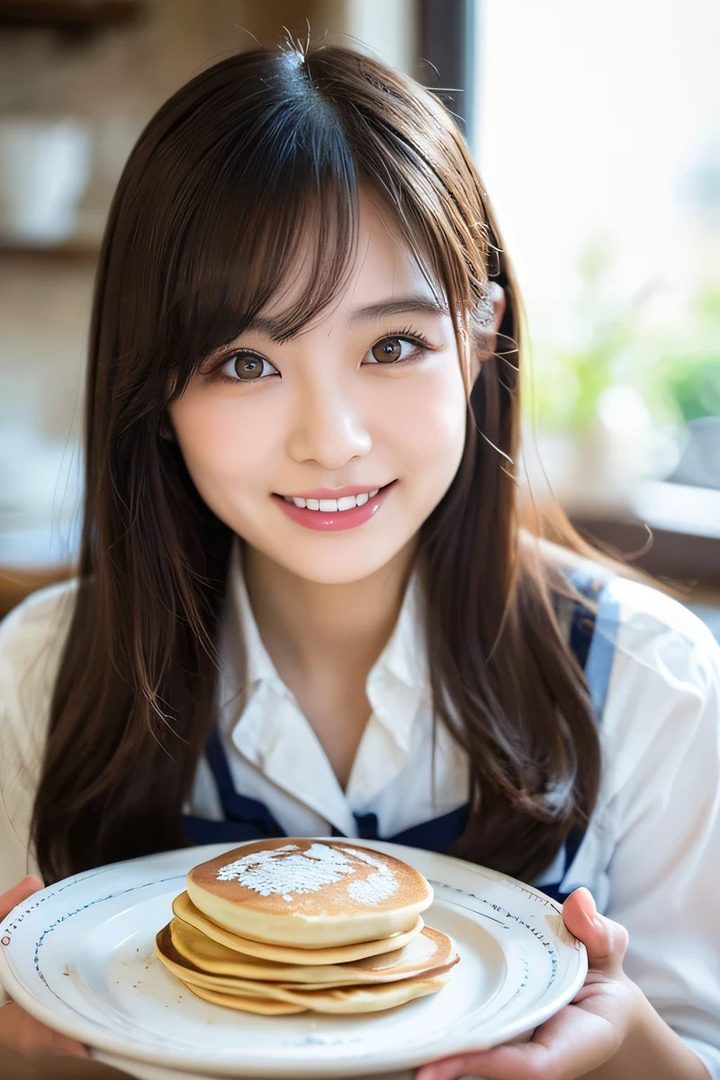 A smiling East Asian woman with long brown hair and bangs holds a plate of pancakes indoors.