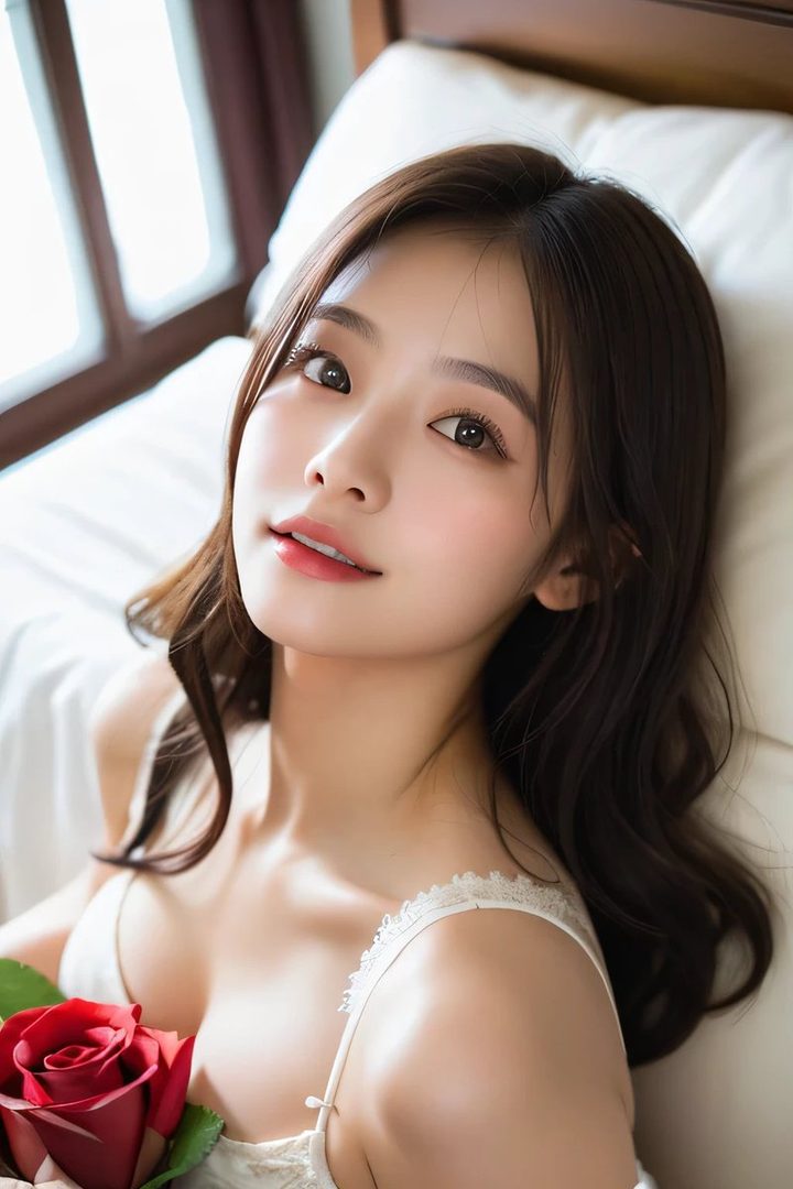 A beautiful East Asian woman with long brown hair and a white top lies in bed, holding a red rose.