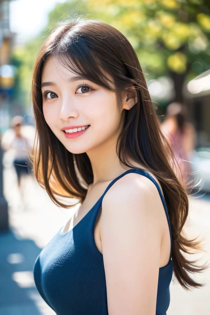 A beautiful East Asian woman with long brown hair smiles brightly while wearing a blue tank top outdoors on a sunny day.