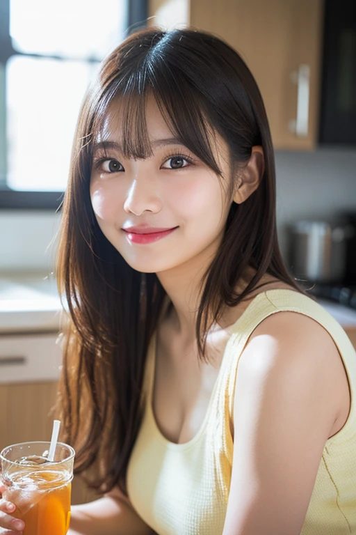 A beautiful East Asian woman with long brown hair and bangs smiles while holding a glass of iced tea indoors.