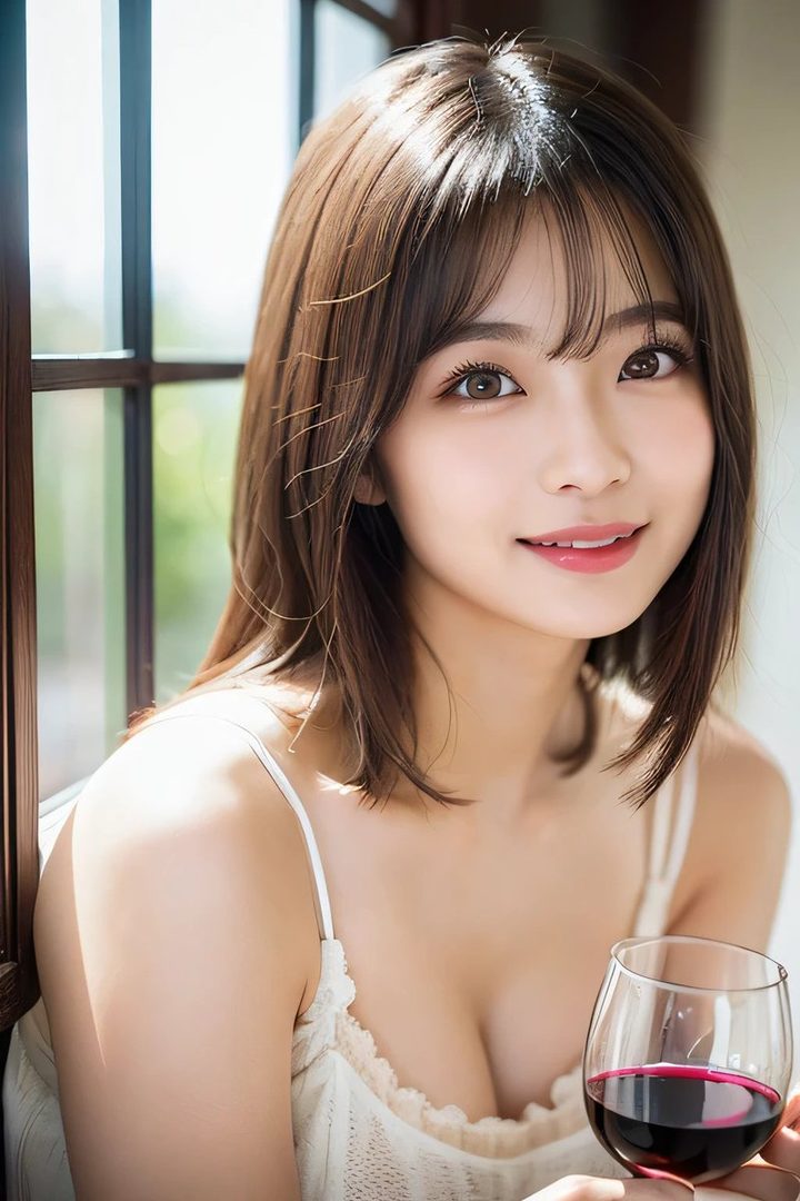 A beautiful East Asian woman with short brown hair and bangs smiles softly while holding a glass of red wine indoors by a window.