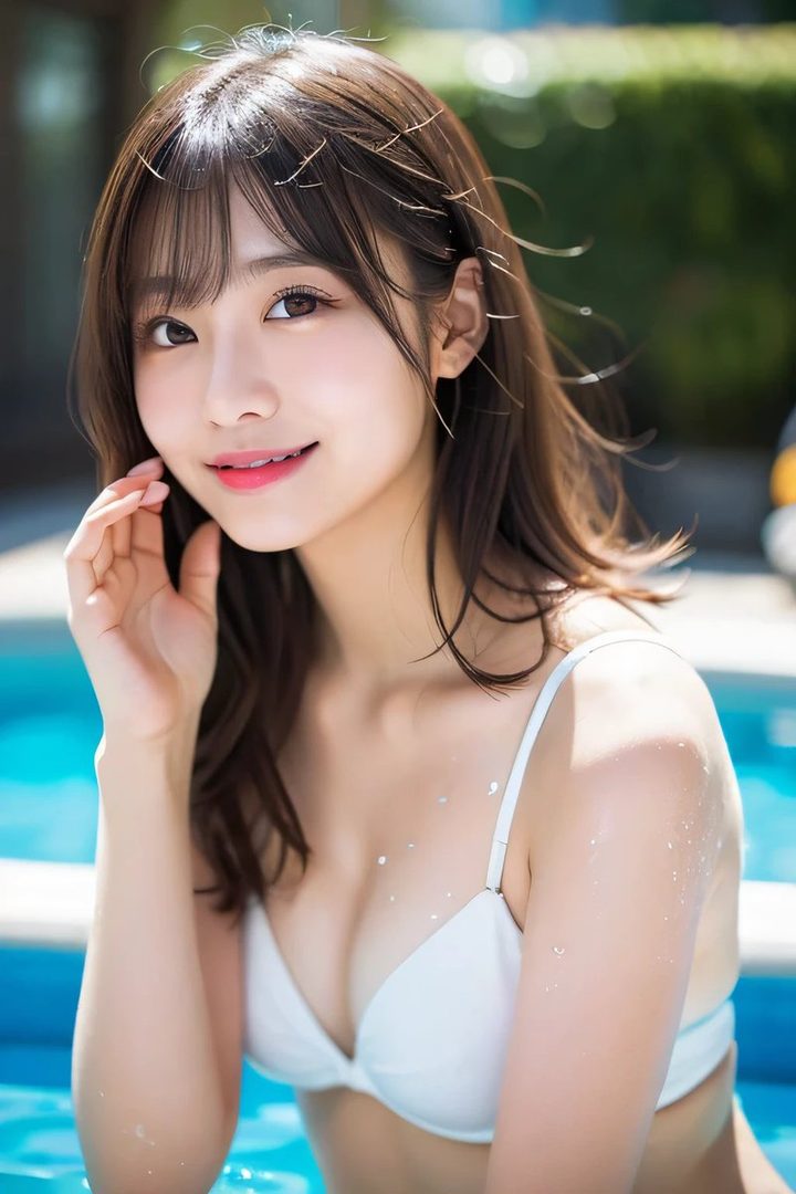 A beautiful East Asian woman with long brown hair and bangs smiles while wearing a white bikini by a swimming pool on a sunny day.
