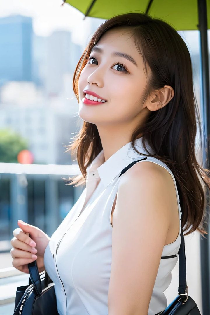 A beautiful East Asian woman with long brown hair smiles brightly while holding a black bag outdoors on a sunny day.