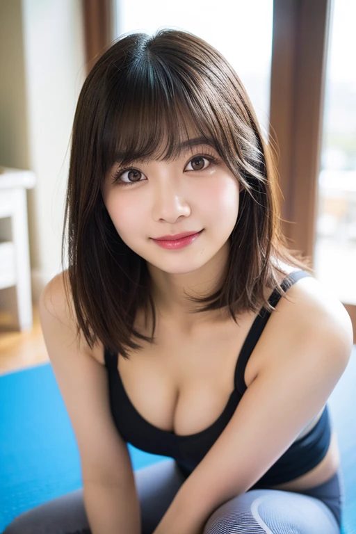 A cute East Asian woman with short brown hair and bangs, wearing a black sports bra and grey leggings, smiles gently while sitting indoors.